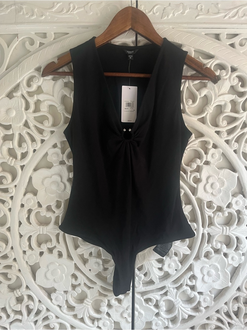 GUESS Black Deep Plunge Ring Detail Sleeveless Bodysuit NWT XS